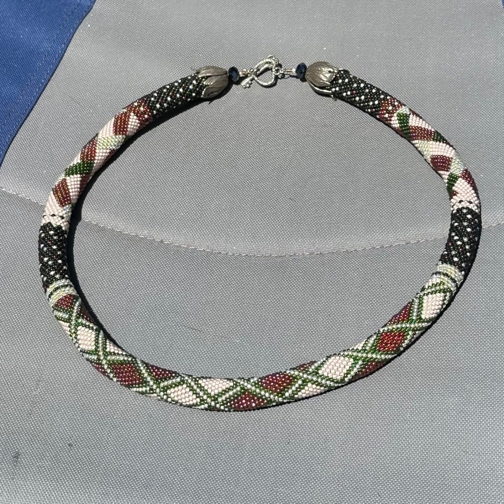 Artisan Beaded Rope Necklace 25" Earth Tone Harlequin Geometric Key Heart Toggle